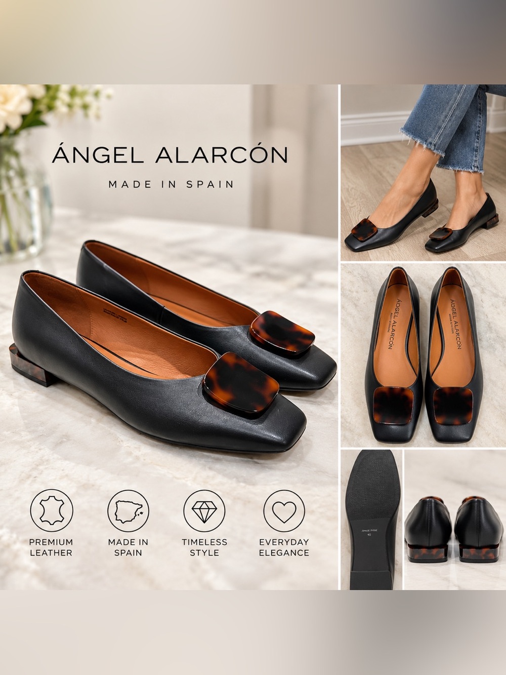 Ángel Alarcón black leather square-toe flats, Made in Spain, size 40/9 NWOB